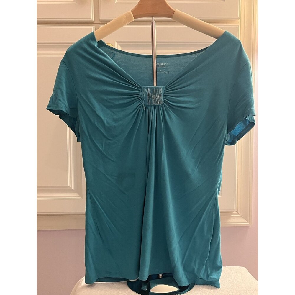 Dressbarn Womens Large Teal Blue Beaded Cinched Bust Short Sleeve Blouse Top
